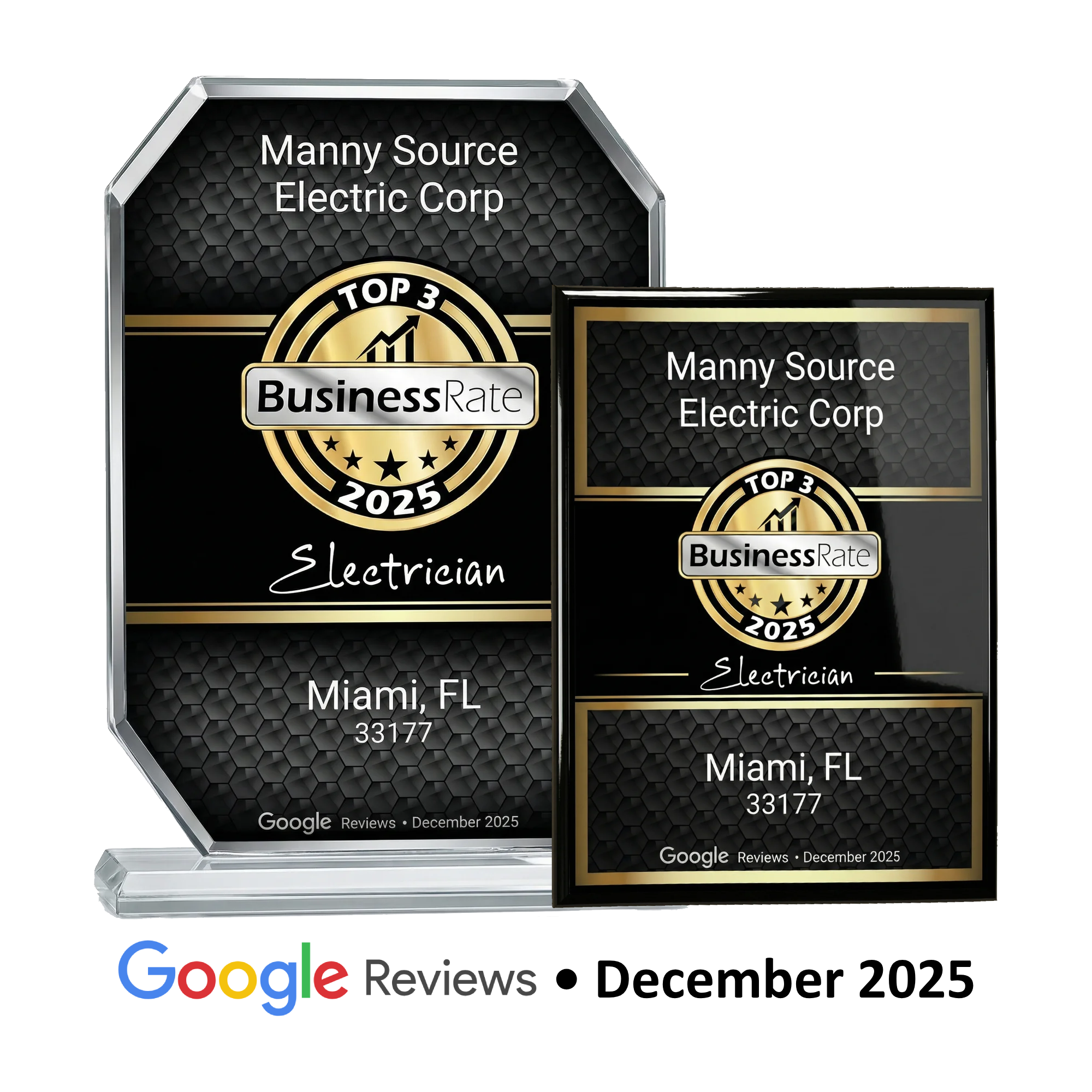 BusinessRate Top 3 Electrician Award 2025 - Manny Source Electric Corp - Miami, FL