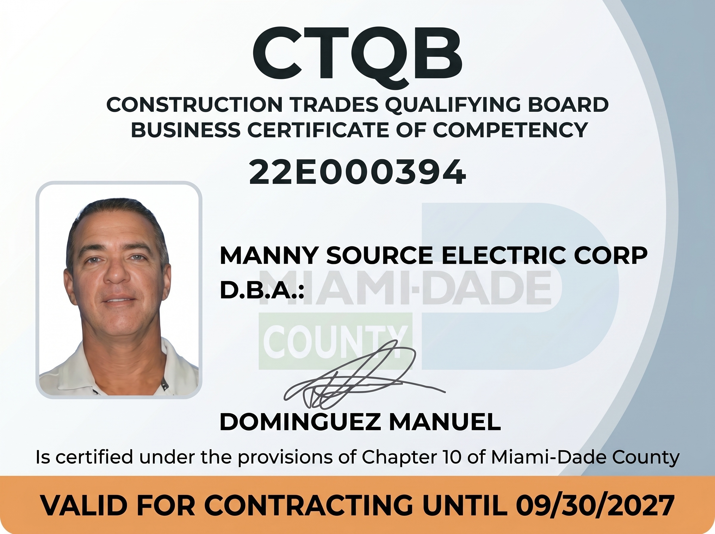CTQB Business Certificate of Competency - License #22E000394 - Manny Source Electric Corp - Valid until 09/30/2027