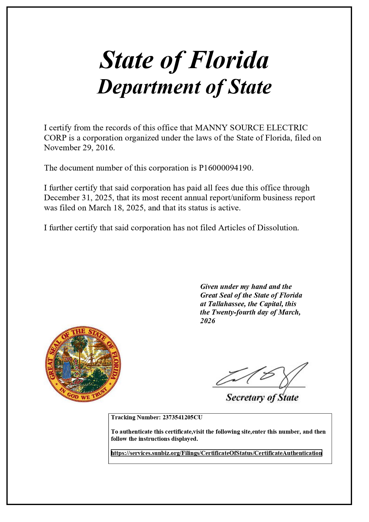 State of Florida Certificate of Corporation - Manny Source Electric Corp - Document #P16000094190 - Active Status
