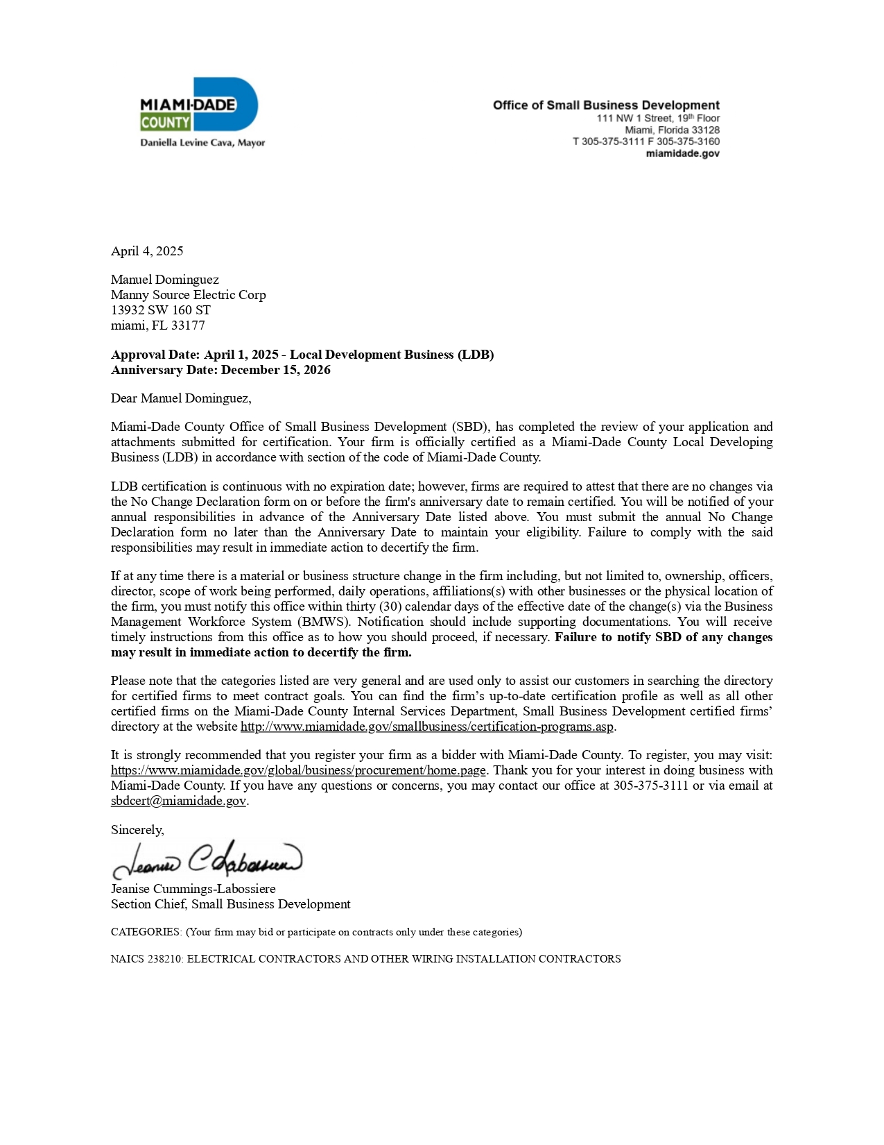 Local Developing Business Certification - Miami-Dade County Office of Small Business Development - Manny Source Electric Corp