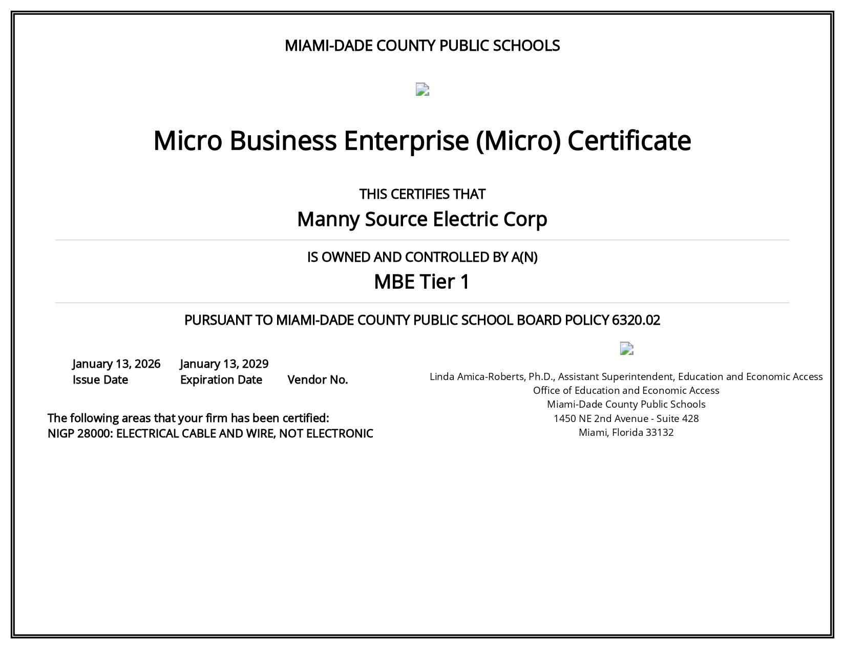 Micro Business Enterprise Certificate - MBE Tier 1 - Miami-Dade County Public Schools - Manny Source Electric Corp