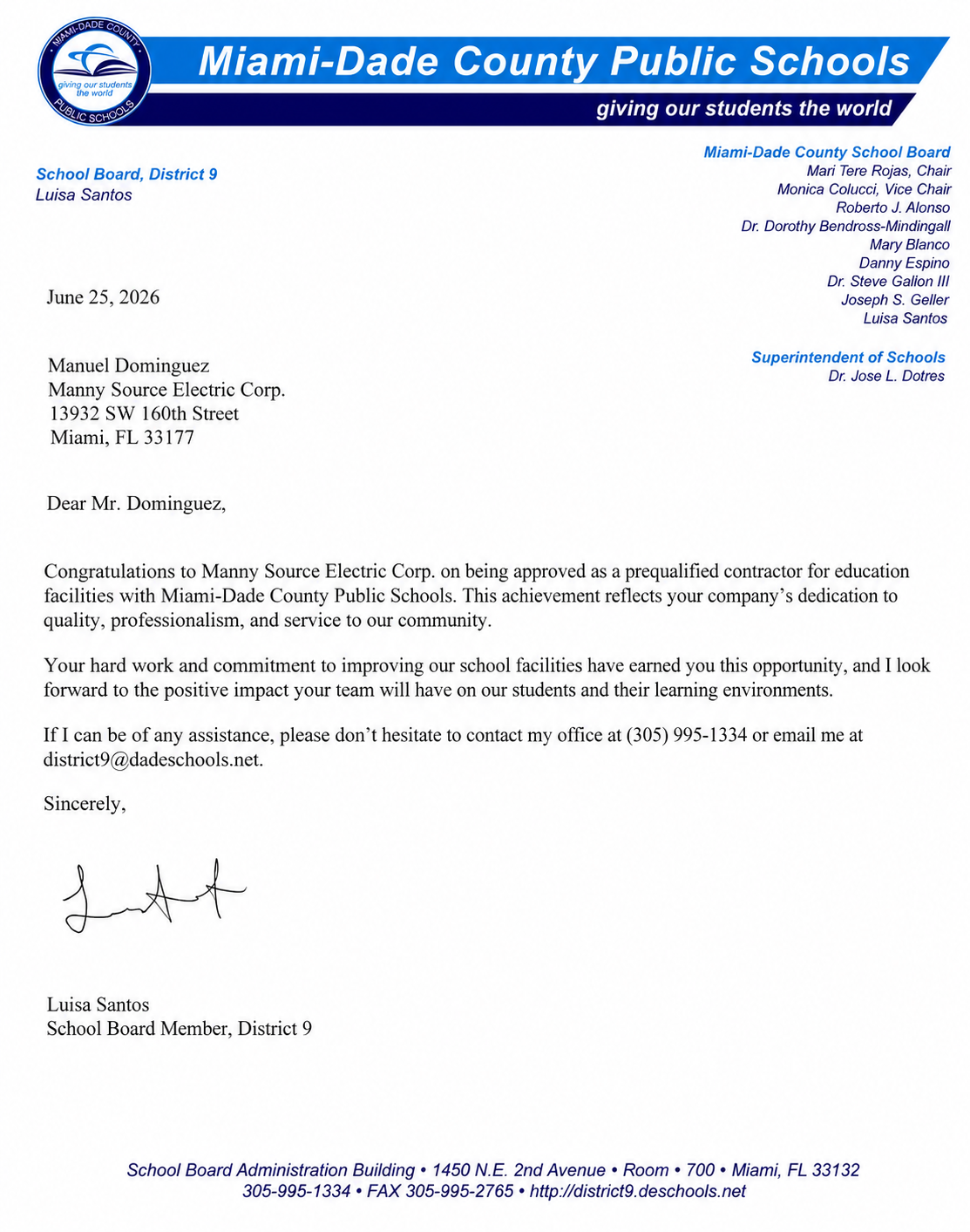 Miami-Dade County Public Schools letter approving Manny Source Electric Corp as a prequalified contractor for education facilities