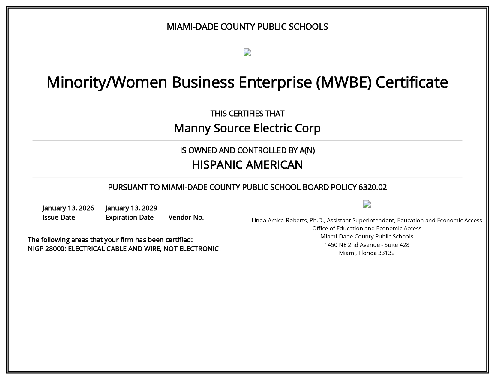 Minority/Women Business Enterprise Certificate - Hispanic American - Miami-Dade County Public Schools - Manny Source Electric Corp