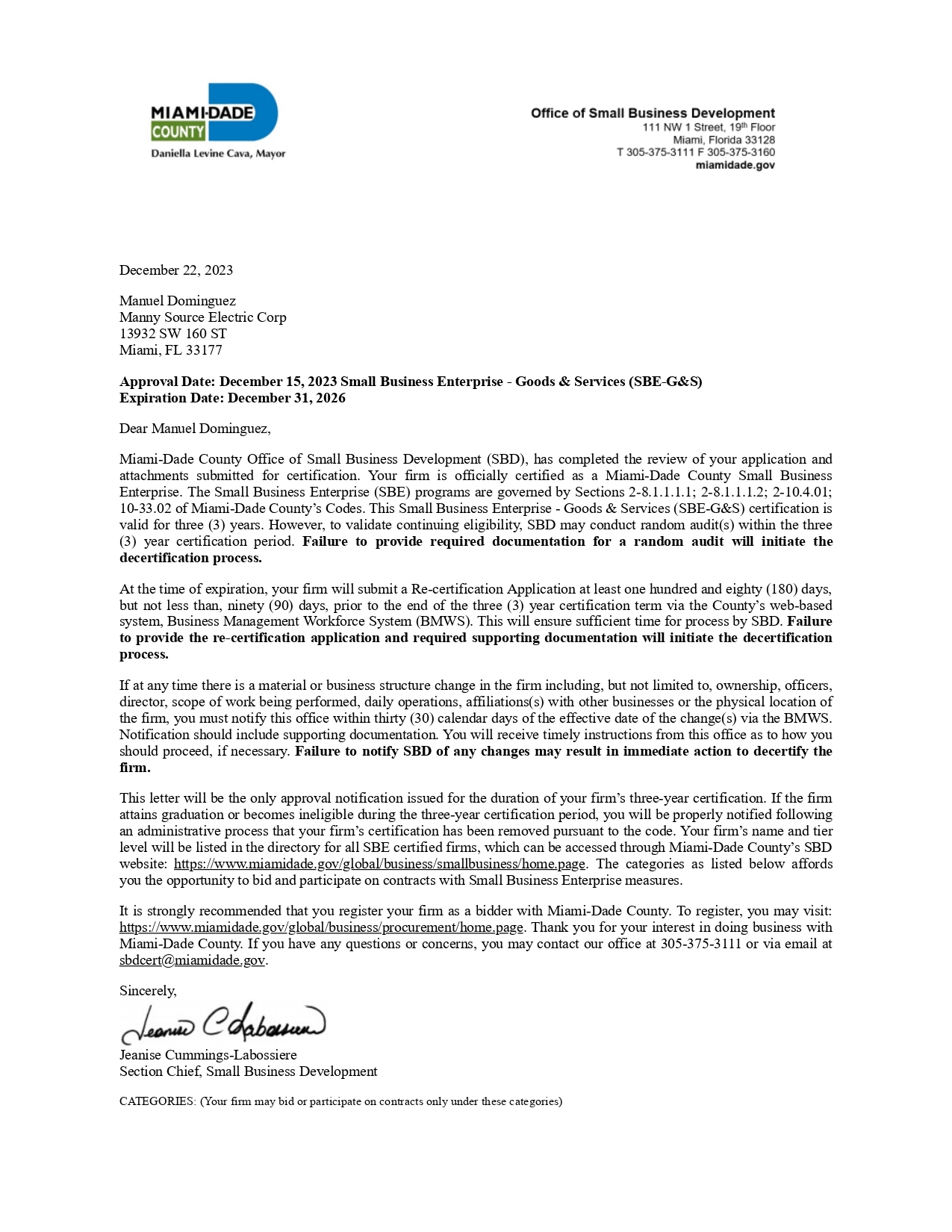Small Business Enterprise Goods & Services Certification - Miami-Dade County - Manny Source Electric Corp