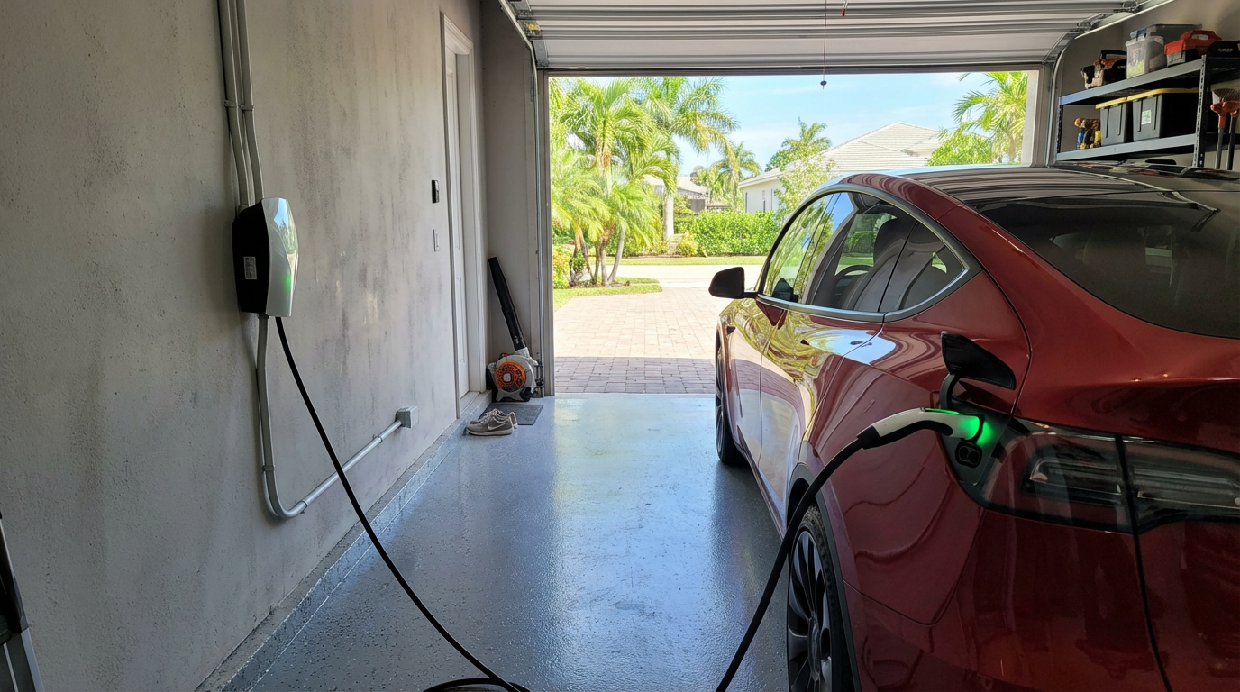 Tesla EV charger installation in residential garage