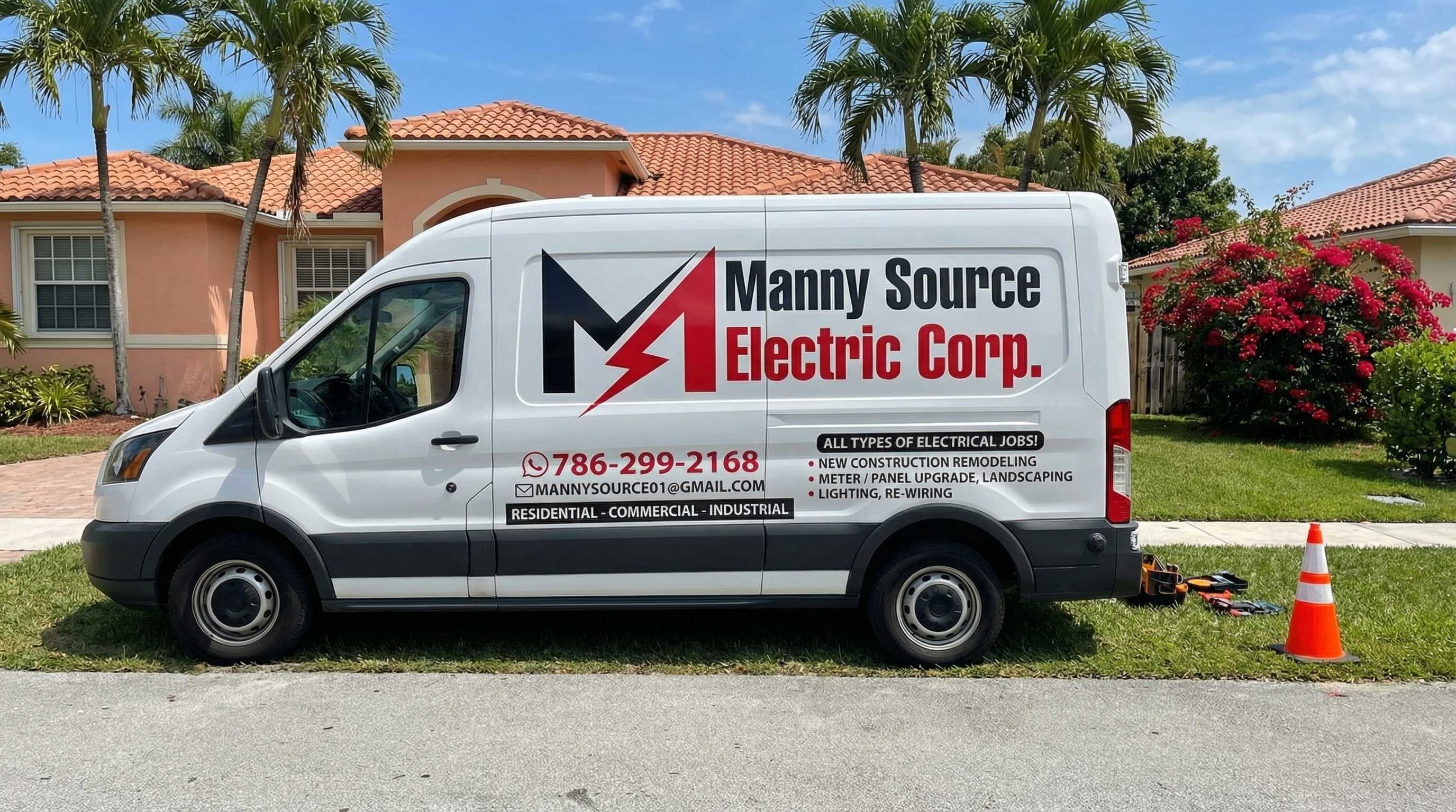Manny Source Electric Corp branded van in front of Miami home